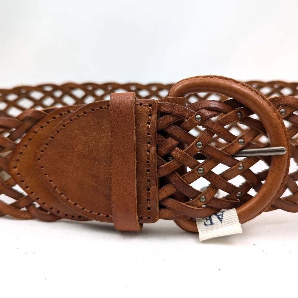 American Eagle Wide Leather Belt Woven Studded Braided Boho Cognac Brown S/M NWT